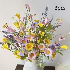 TEMU 42cm 봄 & 여름 다이즈 인공 꽃 배열 - 노란색, 보라색, 라벤더, 및 핑크 다이즈와 녹색 잎 - 꽃병 디스플레이, 테이블 톱 장식, 집 & 파티 장식, 결혼식 & 야외 정원 액센트, 파티 장식 | 생동감 있는 꽃 배열 | 인공 꽃, 꽃 장식