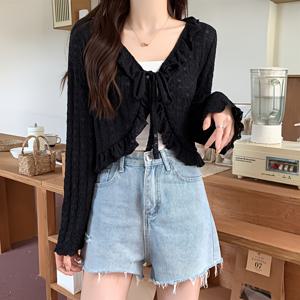 TEMU 1pc 우아한 통기성 패션 프린트 셔울, 태양 보호 V넥, 다용도 프릴, 긴 소매 스카프, 봄/여름 여성용 해변용 수건|스카프