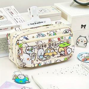 TEMU 귀여운 곰 디자인 대용량 멀티 레이어 필통 - 학생 및 전문가를 위한 내구성 있는 패브릭 학교 & 사무실 정리함, 재미있는 곰 일러스트레이션, 고품질 인쇄, 곰 장식, 문구류 보관, 기발한 액세서리, 안전 지퍼 클로저