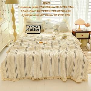 TEMU 4pcs 경량 여름 퀼트 세트, 프릴 엣지 포함 - 1 퀼트, 1 침구, 2 베개커버 (삽입 없음) - 부드럽고 통기성이 좋으며 기계 세탁 가능 - 핑크 및 화이트의 프랑스 레이스 스타일 - 침실 및 게스트룸에 이상적, 침실 편안함 | 프릴 퀼트 | 부드러운 질감 퀼트, 경량 침구