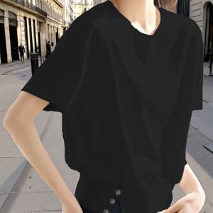 TEMU 여성용 여름 캐주얼 반팔 티셔츠 - 슬림핏 데코레이티브 스플릿 헴 & 페이크 버튼, 솔리드 컬러, 세탁기 사용 가능, 캐주얼 또는 드레스업 가능한 블라우스, 미니멀한 질감 디자인|블라우스|여름블라우스|여성블라우스