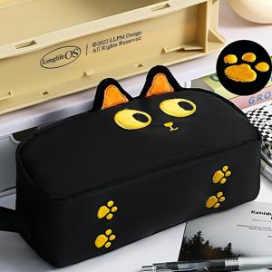 TEMU 1 귀여운 3D 블랙 캣 필통 - 대용량 내구성 캔버스, 오렌지 눈과 발자국 디자인, 학교/사무실용 스테셔너리 보관함 - 고양이 아트 애호가 선물