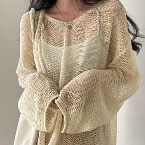 TEMU 여성용 코리안 시크 여름 프렌치 레트로 루즈핏 홀아웃 얇은 커버업 탑
