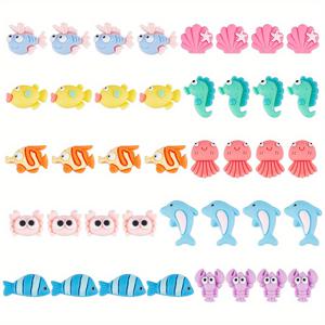 TEMU 1Bag 100pcs 해양 수지 동물 카보 숑, 쉘 해마 랍스터 카보 숑 수지 플랫 백 비즈, 장식용 여름 점액 매력, 플랫 백 스크랩북 데코 용품