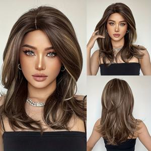 TEMU Woven Wigs 여성 기본 루즈 웨이브 합성 가발, 탱 롱 섬유, 100% 밀도 로즈 넷 캡, 레이어드 스타일, 유니버설 핏