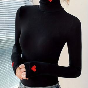TEMU 여성용 섹시 하이넥 긴팔 티셔츠 - 레드 하트 자수 블랙, 스트레치 슬림핏 탑, 봄/가을 레이어링, 세탁기 사용 가능, 스타일리쉬 여성 상의, 고탄력 원단