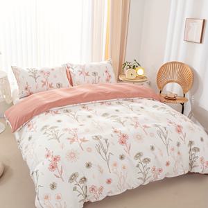 TEMU 3pcs 꽃 프린트 이불 커버 세트 - 가벼운 폴리에스터, 전면용 쥐어지지 않는, 기계 세척 가능 - 화이트 배경에 우아한 핑크 꽃 디자인