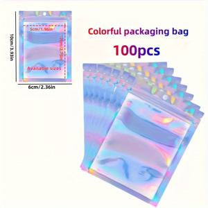 TEMU 100개입/팩 새로운 두꺼운 18색상 변경 및 눈부신 레이저 포장 백 홀로그래픽 알루미늄 호일 자체 밀봉 백, 식품 등급 재사용 가능한 밀봉 백은 보석 액세서리, 스낵, 사탕, 펜 및 문구류 포장에 매우 적합합니다