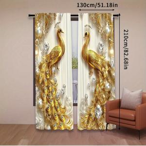 TEMU 2pcs 골든 펩시 컬러 프린트 커튼 - 우아한 드레스, 복잡한 골든 & 화이트 깃털 디자인, 침실, 거실, 사무실, 또는 스터디에 완벽한, 29.53x65.35 인치, 41.34x90.55 인치, 51.18x82.68 인치, 폴리에스터 소재, 막대 포켓 스타일, 기계 세척 가능, 사무실 장식 | 골든 펩시 디자인 | 폴리에스터 소재|커튼봉