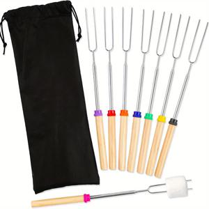 TEMU 8개 세트 텔레스코핑 금속 마시멜로 구이 막대, , 바비큐, 야외 소풍을 위한 회전 스모어 꼬치, 휴대용 가방 포함, 캠핑 및 바비큐 액세서리를 위한 핫도그 구이 도구