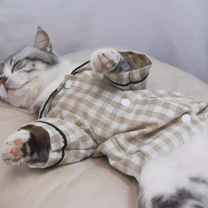 TEMU 코지 체크무늬 고양이 파자마 - 사계절용 애완동물 루즈웨어, 탈모 방지 및 먼지 방지, 소형견용 쉬운 스냅 클로저, 홈웨어