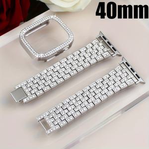 TEMU 애플워치 40mm 41mm 42mm 44mm 45mm 46mm용 콤비네이션 세트 풀 스트랩 + 더블 드릴 홀로우 쉘, 유리 스크린 프로텍터 없는 반짝이는 라인스톤 스트랩 및 낙하 방지 스크래치 보호 PC 케이스, iWatch SE 시리즈 9/8/7/6/5/4에 적합한 패셔너블 여성용 교체 가능한 메탈 밴드