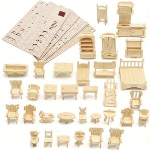 TEMU 34pcs 미니어처 집 가구 세트, DIY 인형집 모델 키트, 베이지 목재 조각품, 14세 이상용 액세서리 포함