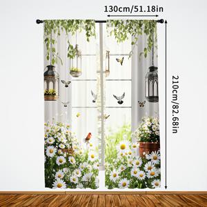 TEMU 2pcs Daisy Garden and Birdcage Print Light-Filtering Curtains, 100% 폴리에스터 직조 직물, 현대 예술 테마, 손세탁 전용, 막대 포켓 걸이, 침실 및 다양한 방, 가정 장식