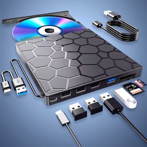 TEMU 노트북 및 데스크탑용 울트라슬림 휴대용 외장 CD/DVD 드라이브 - USB 3.0 버너 플레이어, 윈도우 11/10/8/7, 맥, 리눅스 호환 플러그 앤 플레이 - CD/VCD/DVD 광학 드라이브, 멀티미디어 장치 | 육각 패턴 | 미끄럼 방지 디자인|CD플레이어