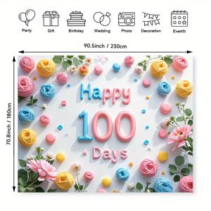 TEMU 1pc 생동감 있는 100일 기념 사진 배경 배너 - 아름다운 실과 꽃 디자인, 