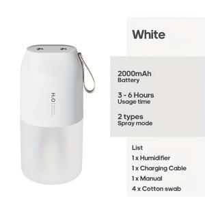 TEMU KINSCOTER 2000mAh 휴대용 가습기 내장형 야간등 포함, 가정 및 차량용 300ml 듀얼 스프레이, USB 충전식, 자동 종료 기능 및 수위 보호, 18650 배터리, 세련된 화이트 디자인