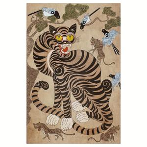 TEMU 1pc 프레임리스 빈티지 한국 민화 호랑이와 까마귀 캔버스 벽화, 12x18인치 - 새와 꽃 무늬가 있는 아름다운 전통 아시아 디자인, 거실, 침실, 욕실, 주방, 사무실, 또는 카페 장식에 이상적, 거실 벽화 | 전통 아시아 디자인 | 세부적인 벽화, 호랑이 벽화