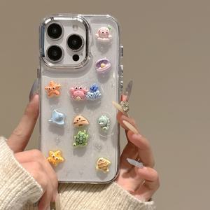 TEMU 스타피시와 버블 디자인을 특징으로 하는 귀여운 3D 에폭시 폰 케이스, 아이폰 모델 16, 15, 14, 13, 12 프로 맥스 플러스 및 11에 적합한 보호 백 커버와 렌즈 플레팅이 있습니다.|아이폰케이스