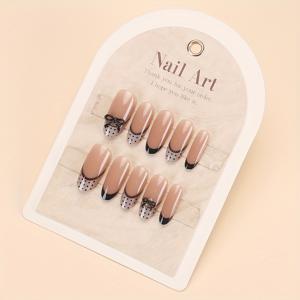 TEMU 10개 세트 핸드워른 네일, 캣아이, 도트 리본 프렌치 네일 아트, 달콤하고 시크한 분위기, 핫 학생 스타일 풀 커버리지 인조네일, 여성용 프레스 손톱