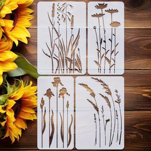 TEMU 4pcs 대형 꽃 야생화 그림 스텐실 세트 재사용 가능한 봄 야외 식물 야생화 템플릿, 크래프트, 벽 캔버스, 나무 판, 직물, 종이, DIY 가구