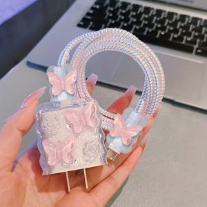 TEMU 핑크 에폭시 나비 모델, 아이폰 14 프로 맥스, 13, 12, 11에 적합, 아이폰 18W/20W 충전기 보호 케이스 데이터 케이블 보호 로프 남편/여자 친구 선물 5pcs 세트