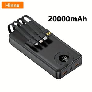 TEMU Hinne 20000mAh 파워뱅크, 20W 빠른 충전, 내장 4-in-1 USB Type-C 케이블, 범용 멀티 출력 충전기, 충전식 리튬 폴리머 배터리, for iPhone, Android 장치용 비상 휴대용 충전기|보조배터리|C타입충전기|보조배터리20000