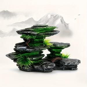 TEMU 1pc 레진 아쿠아리움 산악 암석 장식, 녹색 식물과 터키스색 숨은 동굴이 있는 미니 랜드스케이프, 창의적인 실내/실외 어항 장식, 다용도 책상 차 테이블 액세서리, 아쿠아리움 장식