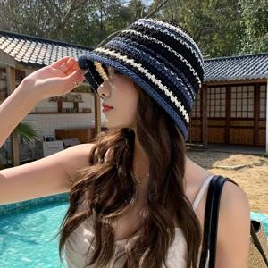 TEMU 여성용 경량 니트 버킷햇 1개 - 통기성 좋은 여름용 와이드 챙 모자, 흑백 수직 줄무늬, 접이식 아웃도어 레저 및 스트리트 스타일, 직조 구조|벙거지모자