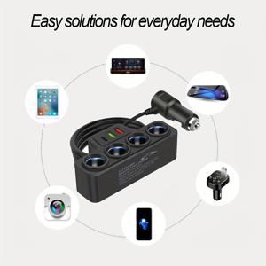 TEMU 다기능 차량용 충전기 듀얼 USB + 타입-C 포트 고속 충전 원-투-포어 파워 어댑터 하이파워 자동차 소켓|멀티탭|C타입충전기