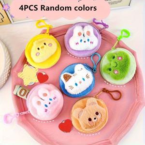 TEMU 4pcs 혼합 플러시 동전 지갑, 미니, 동물, 직물, 휴대용, 헤드폰 포켓 포함, 손 세탁 또는 전문 세척