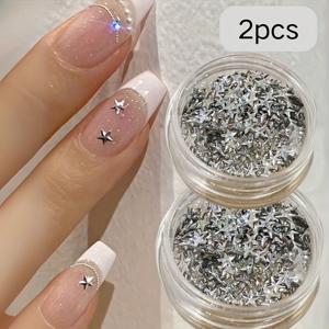 TEMU 1/2pcs 우아한 은빛 별 네일 아트 장식 세트 - 작은 직사각형 상자에 반짝이는 별 모양의 접착 돌이 있는 매니큐어 디자인, 네일 아트 용품 | 장식 네일 아트 | 반짝이는 접착 돌, 네일 장식
