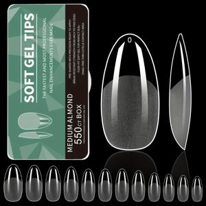 TEMU 550개/상자 소프트 젤 네일 팁 - 미디엄 아몬드 풀 커버 프레스온 네일 팁 - 네일샵 및 DIY 네일 아트용 - 투명, 덜 빛나는 마감, 미디엄 길이, 아몬드 모양|네일팁