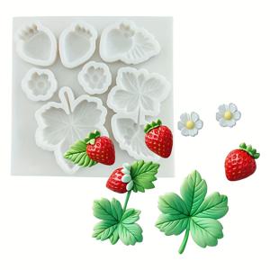 TEMU 3D 딸기 꽃 실리콘 레진 몰드 - 고온 저항성, 베이킹, 퐁당, 소프트 캔디, 점토 예술, DIY 공예용 유연한 직사각형 몰드, 딸기, 꽃, 잎사귀, 발자국이 있는 DIY 공예 몰드 | 현실적인 과일 모양 | 복잡한 패턴, 딸기 테마 아이템