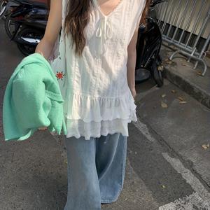 TEMU 1 장의 우아한 화이트 V넥 슬리브리스 드레스 - 레이어드 러플 헴이 있는 투명한, 가벼운 여름 캐주얼 웨어 - 여름, 가을에 완벽한 여성용|여름원피스|여성원피스|나시원피스