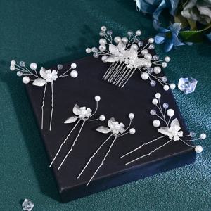 TEMU 1 Hair Comb + 4 Hair Forks 우아한 여성용 드레스 업 헤어 액세서리 세트, 로맨틱한 꽃 디자인 브리드 헤어 액세서리 세트, 브리드 메이드 헤어 액세서리, 야외 정원 웨딩/일상 여성/캐주얼 파티 HP74에 적합합니다.