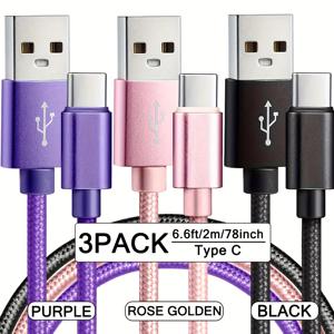 TEMU 고속 충전 케이블, 3개 나일론 브레이디드 USB-C 고속 충전 케이블 USB to Type-C 고속 데이터 동기화 코드 3.3ft/6.6ft/10ft USB A to USB C /Google/Pixel/Sony/Oppo/Moto 및 기타용|C타입충전기