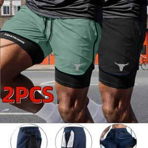 TEMU 2pcs 남성 운동 반바지 - 이중층 방수 디자인, 신축성 및 통기성 있는 소재, 빠른 건조 및 포켓, 달리기, 피트니스 및 캐주얼 착용을 위한 아름다운 소년 머리 프린트, 운동 반바지