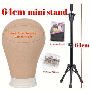 TEMU 64cm 가발 스탠드 위그 삼각대와 21-24인치 마네킹 캔버스 블록 헤드 조절 가능한 삼각대 스탠드 위그 만들기 키트, 무료 선물 가발 스토킹 캡 및 T 핀 포함