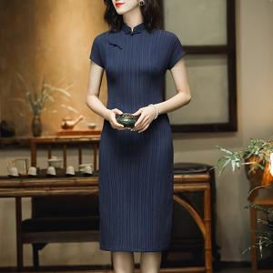 TEMU 여성용 우아한 파란 줄무늬 치파오 드레스 - 반팔, 주름 디테일, 레이온 혼방, 레트로 스타일, 일상 및 특별한 날에 완벽, 출퇴근복 | 레트로 치파오 드레스 | 레이온 혼방 드레스