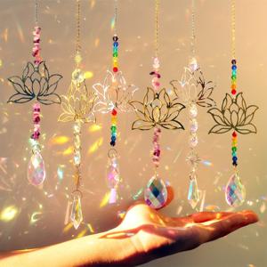 TEMU Lotus Flower Glass Suncatcher Set of 6, Chakra Beads Crystal Pendants, Perfect for Home Window Display and Wedding Decorations