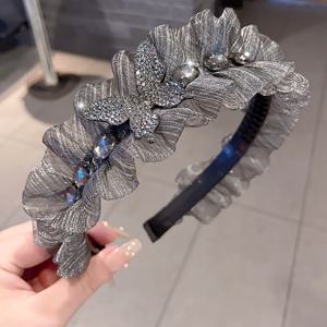 TEMU 엘레강트 라인스톤 러플 패브릭 리본 헤어밴드, 싱글, 여성 패션 헤어 액세서리, 메쉬 소재, 컬러 블록 프린트, 나비 디자인, 심플 스타일