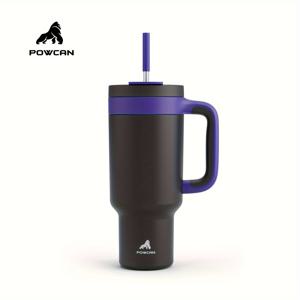 TEMU POWCAN 40oz 보온 스테인리스 텀블러 손잡이 포함, 누수 방지 여행용 머그컵, 빨대 & 마시기 뚜껑, 식기세척기 사용 가능, 음료를 34시간 동안 차갑게 유지, 차량 컵 홀더에 맞음 - 다크 퍼플|텀블러