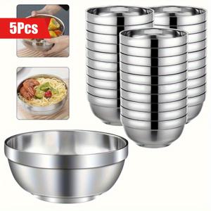 TEMU 5pcs, 스테인레스 스틸 그릇, 이중 절연 서빙 그릇, 절연 그릇, 샐러드 그릇, 국수 그릇, 시리얼 수프에 적합, , 디저트 그릇, 수프 그릇, 식기 세척기, 주방 용품, 식기류|식기세척기|식기세척기