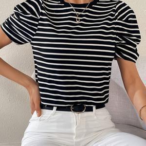 TEMU 여성용 블랙 & 화이트 캐주얼 티셔츠 - 라운드 넥, 퍼프 소매 여름 상의, H라인 실루엣 및 세탁기 사용 가능 디자인, 편안한 핏