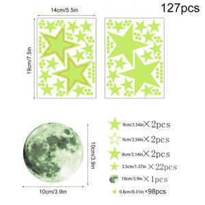 TEMU 127pcs 빛을 받는 스티커, 달과 별이 있는 자체 접착 벽 장식, 청소년 방을 위한 플루오레스센트 PVC 장식, DLY 디자인, 어두운 빛 효과, 달 장식