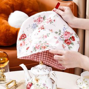 TEMU 우아한 꽃무늬 폴리에스터 찻주전자 보온 커버 - 화이트 레드 & 블루 플라워, 방진 및 내열성, 결혼식, 연회, 선물, 생일, 차 애호가, 차 액세서리용