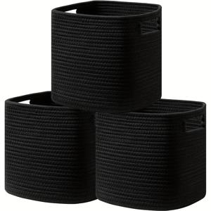 TEMU 3개 11x11인치 큐브 수납 상자, 짠 수납 큐브 정리함, 옷장 정리함, 귀여운 사각 수납 상자, 장식용 교실 욕실 수납 및 선반 바구니, 올 블랙