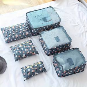 TEMU 6pcs 블루/골든 여행 정리함 세트 - 꽃무늬가 있는 내구성 있는 폴리에스터 포장 큐브, 여행용 가방 정리 및 가정용으로 완벽, 옷 보관 가방|꽃무늬 가방|경량 큐브, 여행용 가방