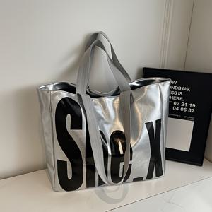 TEMU 스타일리시한 블랙 토트 백, 대담한 레드 'SHICK' 문자 디자인 - 대용량, 양면, 고정된 어깨끈, 지퍼 클로저 - 쇼핑 및 일상적인 사용에 적합|테무쇼핑|토트백|에코백